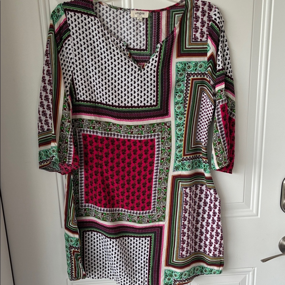 Umgee Multicolor Patchwork V-Neck Tunic in Pink, Green, Black & White